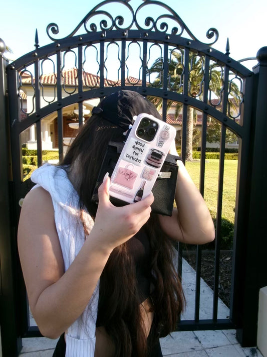 Pink Pilates Princess 3D stickers arranged on a clear phone case, showcasing a girly luxury-inspired aesthetic with soft pink tones and glossy texture