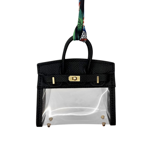 Clear bag charm with transparent design, perfect accessory for handbags and mini bags